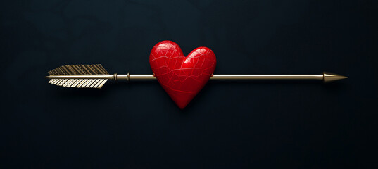 Golden arrow pierced red heart love symbol gold valentine romance