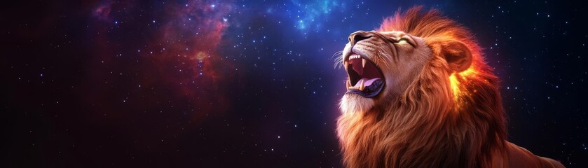 Lion roaring into a cosmic void, its mane glowing with vibrant celestial hues