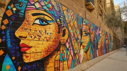 Obraz premium Colorful Mural of Egyptian Faces on a City Wall