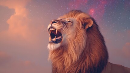 Lion roaring under a celestial sky, its mane glowing with vibrant stardust