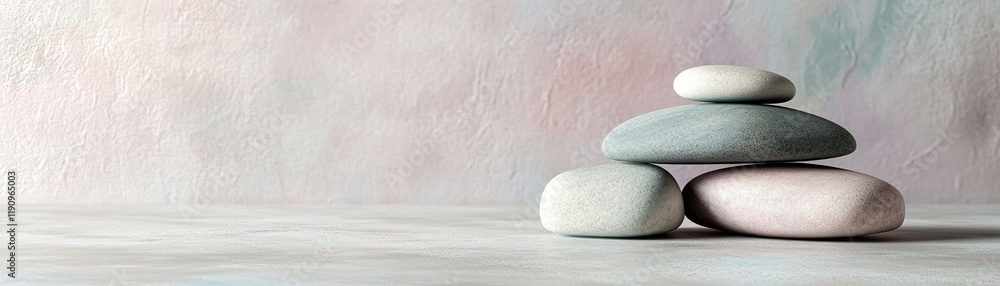Poster minimalist nordic background design featuring smooth stones and soft pastel accents for calming aest