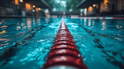 Obraz premium Colorful buoy markers in calm blue water at an indoor swimming facility during evening hours