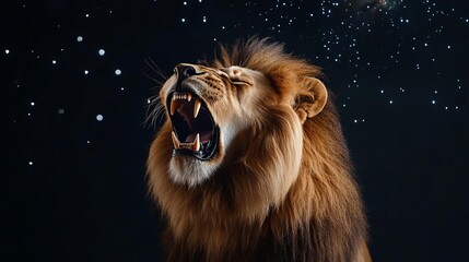 Naklejka premium Lion roaring under a meteor shower, its form radiating cosmic power