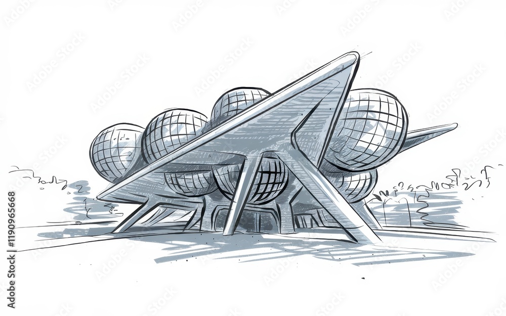 Poster futuristic building design with spherical structures