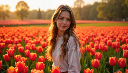 Woman in tulip field during sunset on International Women's Day