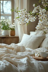 A serene and cozy bedroom setup featuring delicate white blossoms, soft linen bedding, and warm natural tones, evoking calmness and a sense of romantic morning bliss.