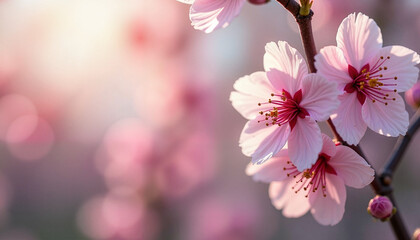 Pink cherry blossoms on blurred pastel background for Women's Day