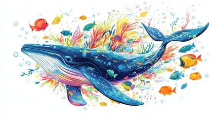 Obraz premium Vibrant underwater scene of a whale swimming amid a lively school of colorful fish in a coral reef habitat. Generative AI