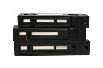 A stack of vintage VHS tapes on a transparent background