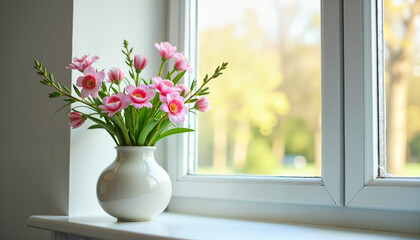 Pink flowers in white vase on windowsill with blurred background