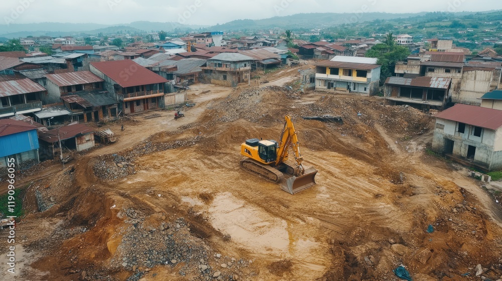 Poster aerial shot of heavy machinery at a construction site, digging and leveling the terrain with unfinis