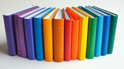 Brightly colored notebooks stacked in a balanced arrangement on a plain surface