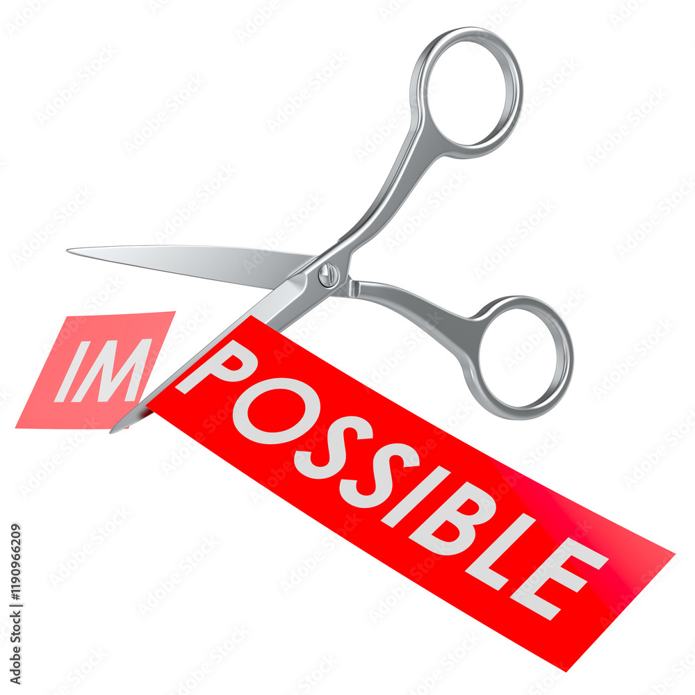Poster scissors cutting paper from impossible to possible. 3d rendering isolated on transparent background