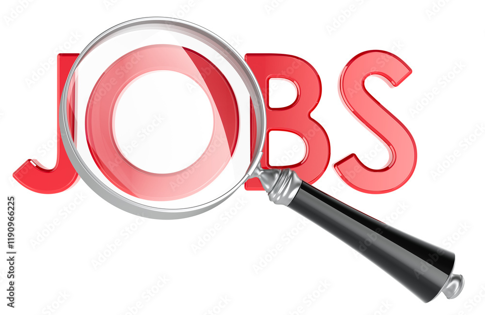 Poster job search concept with magnifier. 3d rendering isolated on transparent background