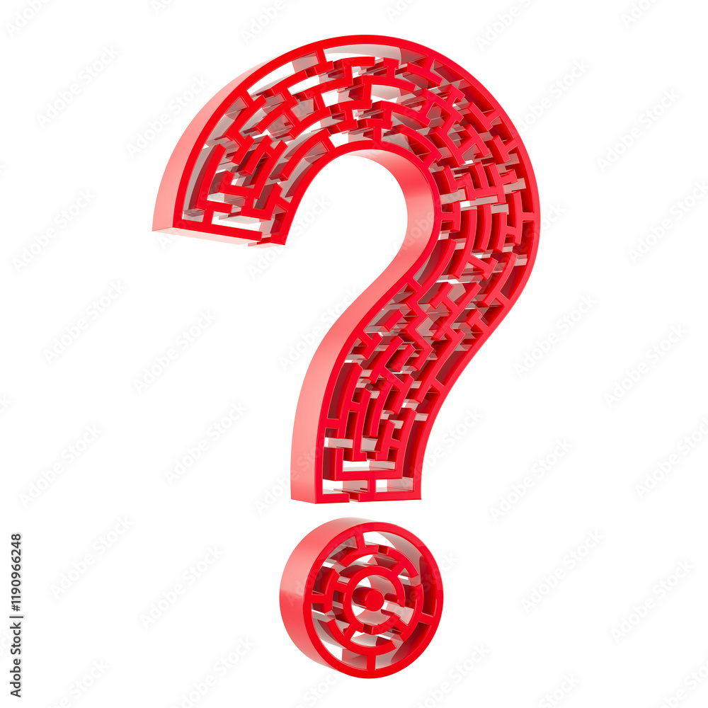 Poster question mark with labyrinth maze, 3d rendering isolated on transparent background