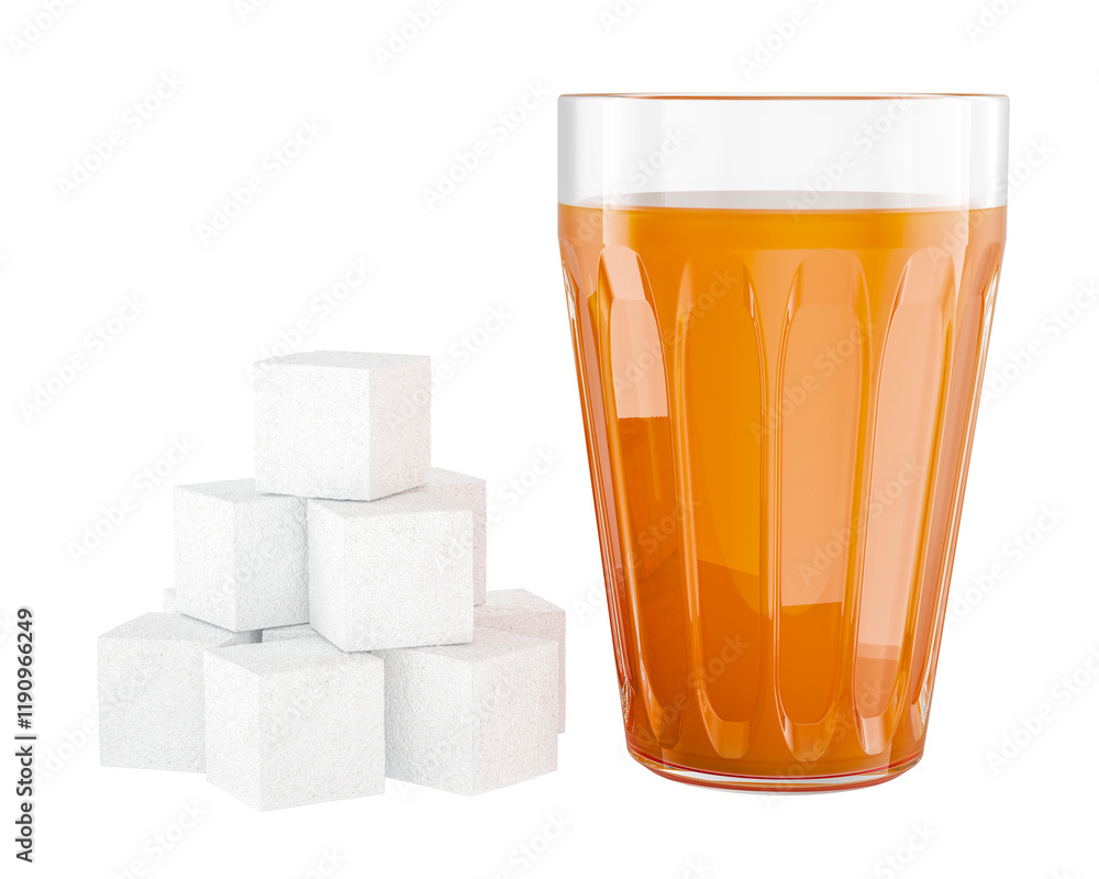Poster sugar cubes with glass of orange juice. 3d rendering isolated on transparent background