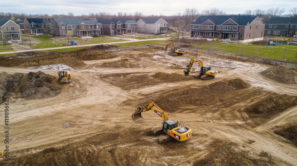 Leinwandbilder Aerial view of construction machinery at work, digging and leveling the terrain with partially completed structures in the background, capturing the construction process from above