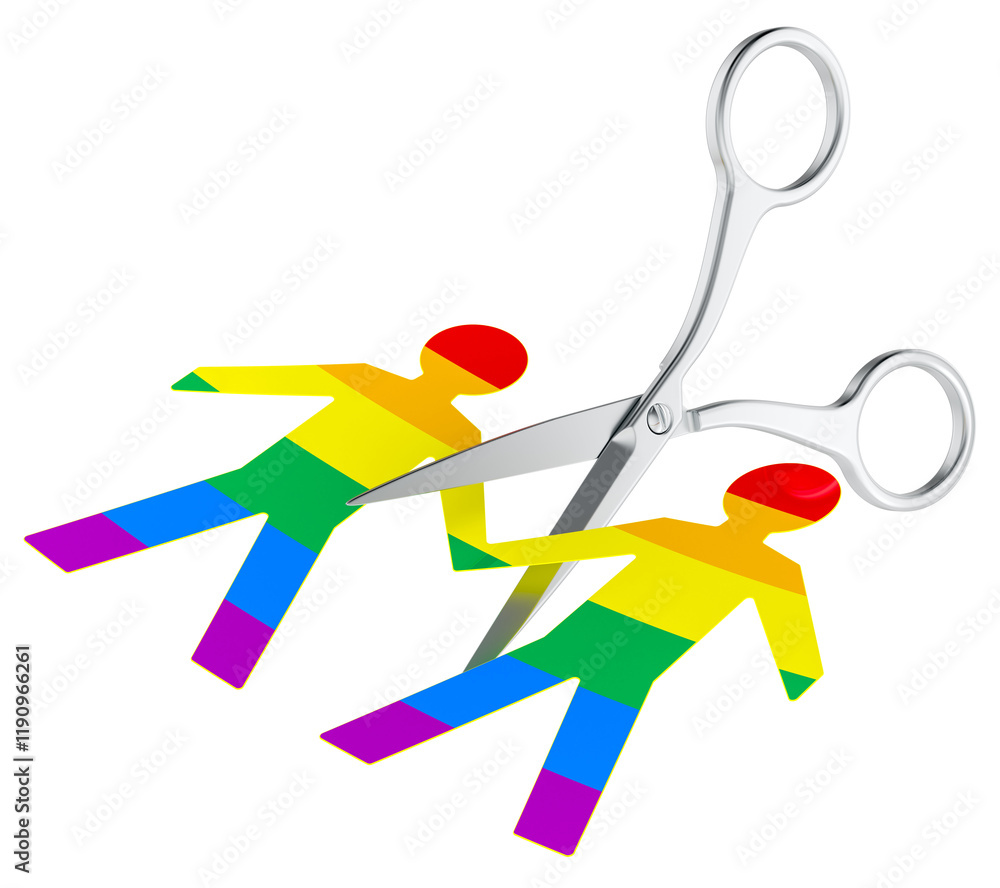 Poster scissors cutting of gays spouses figures. divorce, separation concept. 3d rendering isolated on tran