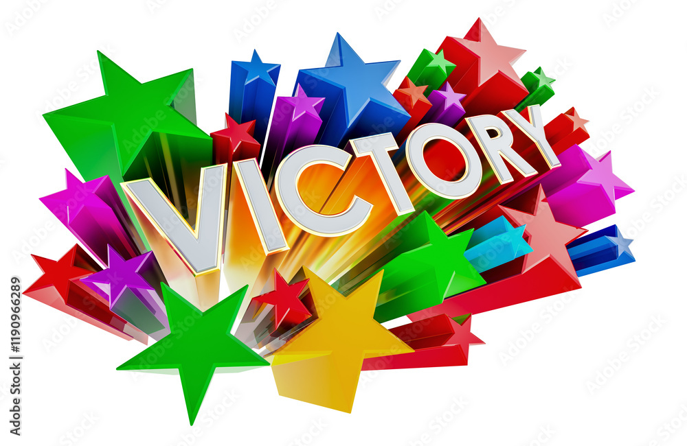 Poster victory concept with stars. 3d rendering isolated on transparent background