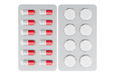 Pharmaceutical blister packs with medicament capsules and pills, tablets. 3D rendering isolated on transparent background