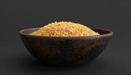 A brown bowl filled with uncooked couscous against a black background.