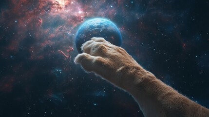 Lion s paw reaching toward a planet, surrounded by celestial light and interstellar patterns