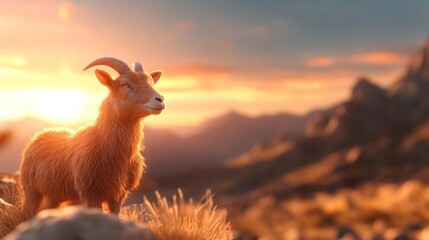 Obraz premium Majestic Goat Against Mountain Sunset. Generative AI