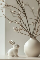 Obraz premium Elegant Nordic Easter decor featuring a minimalist white bunny and delicate spring branches on a soft beige surface for modern celebrations