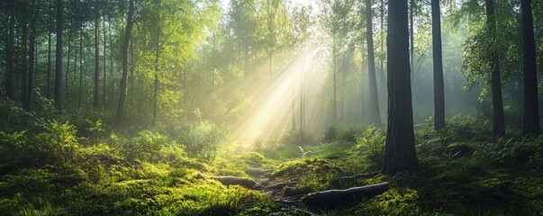 Sunbeams illuminating a magical foggy forest with moss and ferns