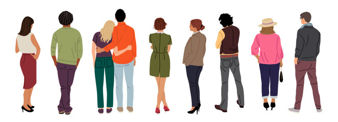 Set of diverse People Standing Rear View. Male, Female, couple cartoon Characters different ages, races Wearing casual Clothes Back View vector illustration Isolated
