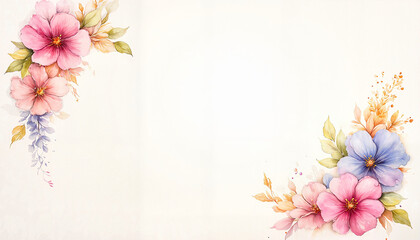 Fototapeta premium Watercolor floral corners with pink and blue flowers on white