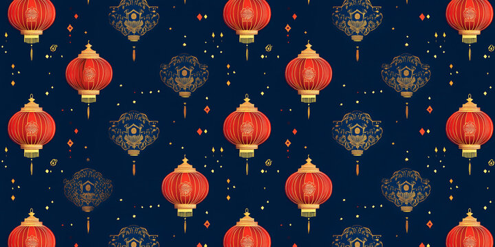 Seamless pattern of Chinese red lanterns and intricate gold designs on dark blue background, perfect for festive and cultural designs