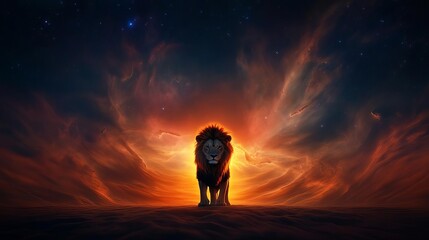 Obraz premium Lion silhouette glowing in a field of swirling interstellar hues, blending strength with celestial wonder