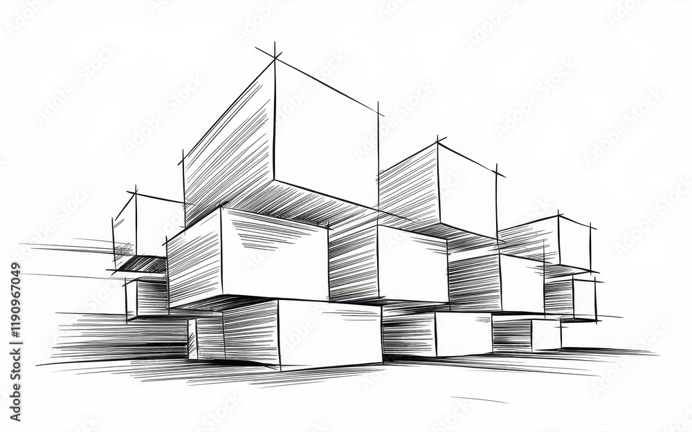 Poster abstract architectural sketch of interlocking cubes