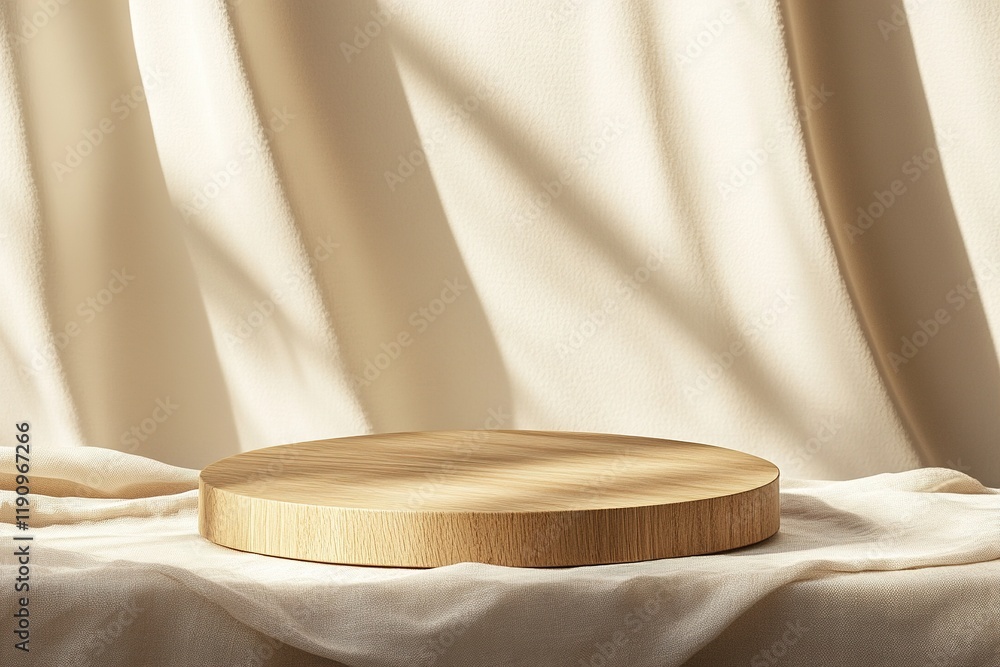 Poster minimalist nordic-style product display featuring a round light oak podium on a soft beige backgroun