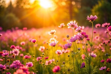 Pink Meadow Flowers: Candid Shot of Delicate Blooms in a Sunny Field