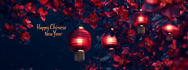 Obraz premium Happy Chinese New Year text with glowing red lanterns and magnolia blossoms on dark blue background, festive celebration theme