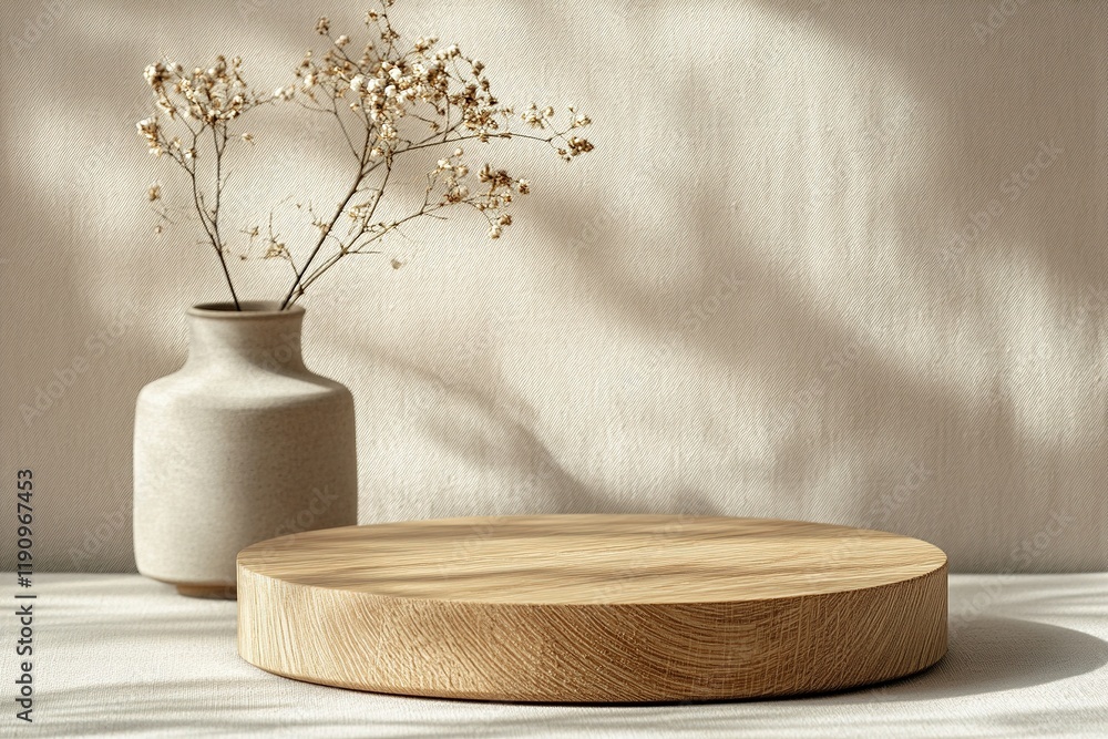 Poster minimalist nordic-style product display showcasing a round light oak podium with a soft beige backgr