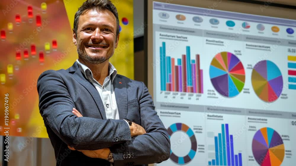 Poster business presentation showcases data visualization techniques in a conference setting