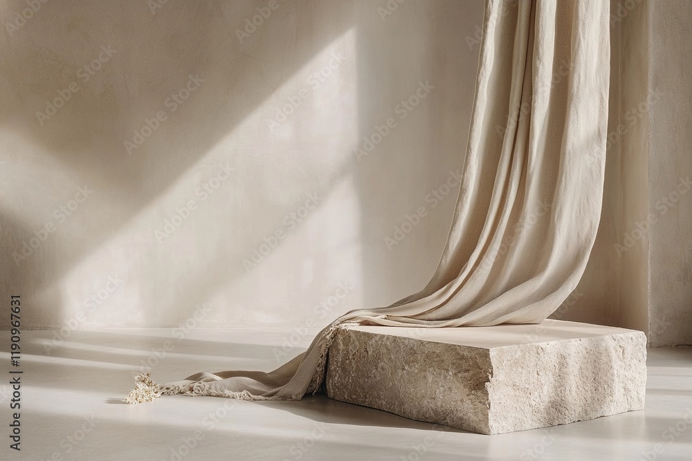 Poster nordic-style stone podium with natural linen drape flows gracefully, creating elegant minimalist aes