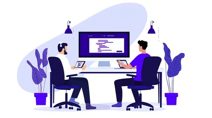 Two individuals collaborating at a modern workspace, engaging with technology and coding