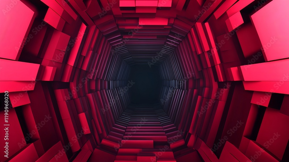 Poster futuristic abstract tunnel effect with dimensional geometric patterns in minimalist red and black