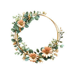Fototapeta premium Elegant Gold Floral Wreath with Peach Flowers and Eucalyptus Leaves