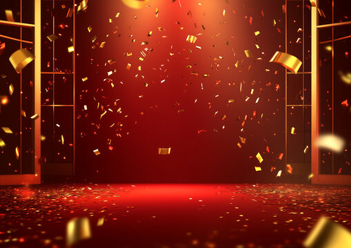 Red festive room with golden confetti and celebration decor, symbolizing prosperity and joy for Chinese New Year