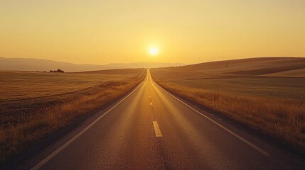 Fototapeta premium Scenic highway vanishing into sunset over idyllic countryside.