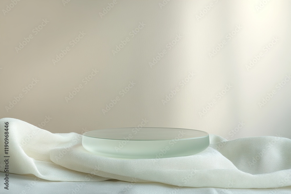 Poster minimalist podium made of frosted glass on a soft linen base with a calming pastel backdrop and soft