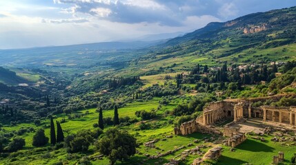 Ancient Ruins in a Lush Valley Landscape