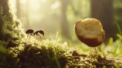 Fototapeta premium Ant carrying breadcrumb in lush forest. Nature's small wonders highlighted in serene sunlight, showcasing forest ecosystem and tiny wildlife dynamics.