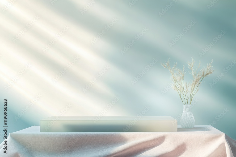 Poster minimalist podium of frosted glass on a soft linen base with a serene pastel background creating a t