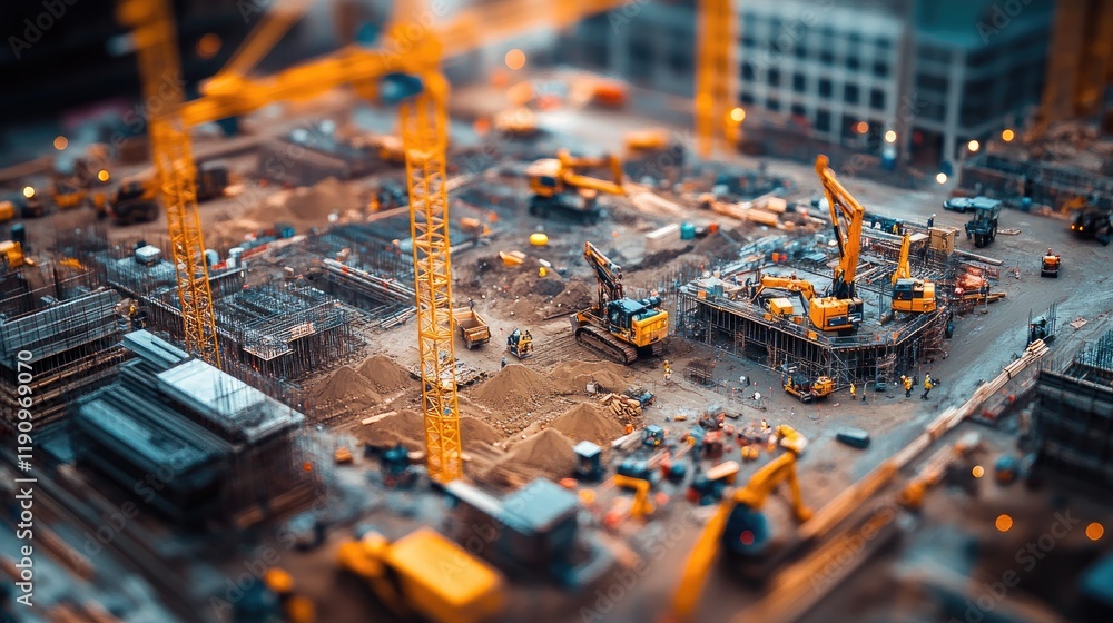 Poster an overhead view of a large construction site with cranes, bulldozers, and earth movers working toge